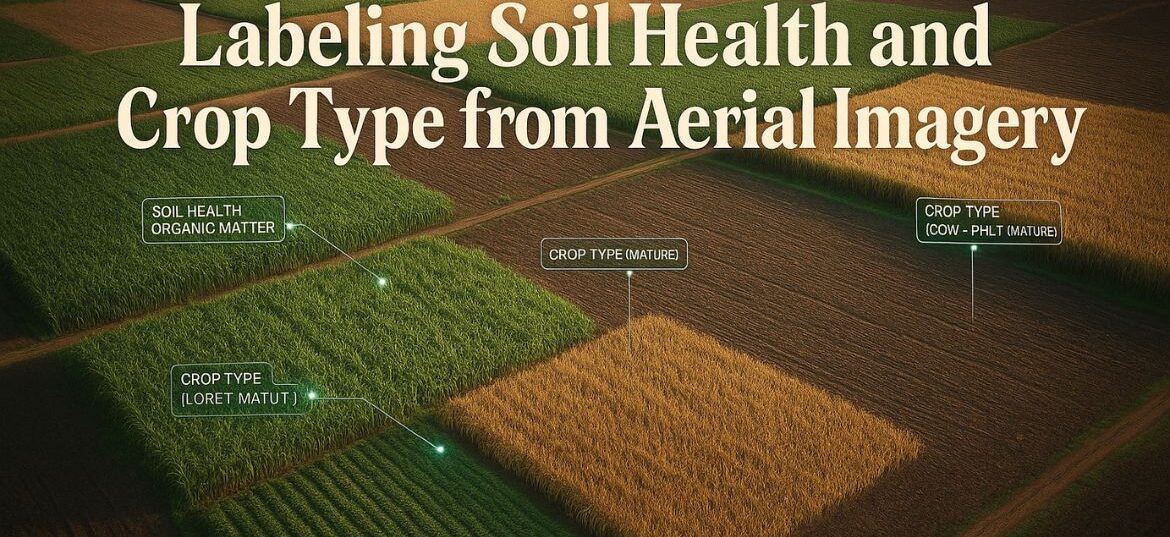 High-resolution aerial farmland imagery showing soil health and crop type classification with AI-powered annotation and NDVI analysis.