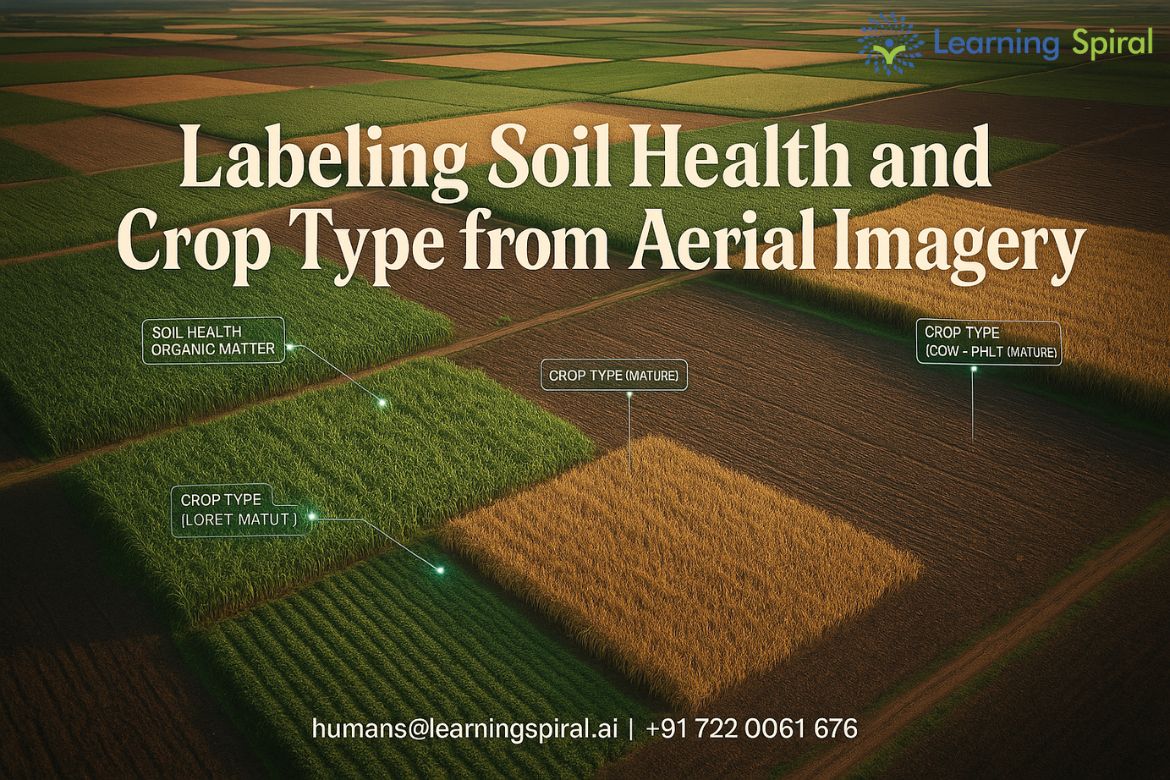 High-resolution aerial farmland imagery showing soil health and crop type classification with AI-powered annotation and NDVI analysis.