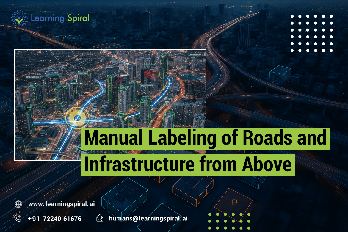 Aerial image showing the manual labeling of roads and infrastructure for AI applications, enhancing smart city planning.