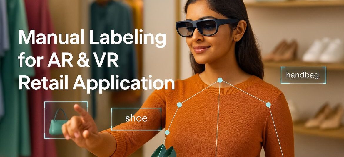 Photoreal workspace showing labeled product images and attributes—high-quality data annotation powering AI-driven visual search for e-commerce.