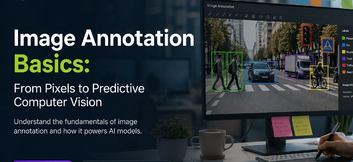 Image annotation for computer vision showing bounding boxes, segmentation and labeled objects for AI training