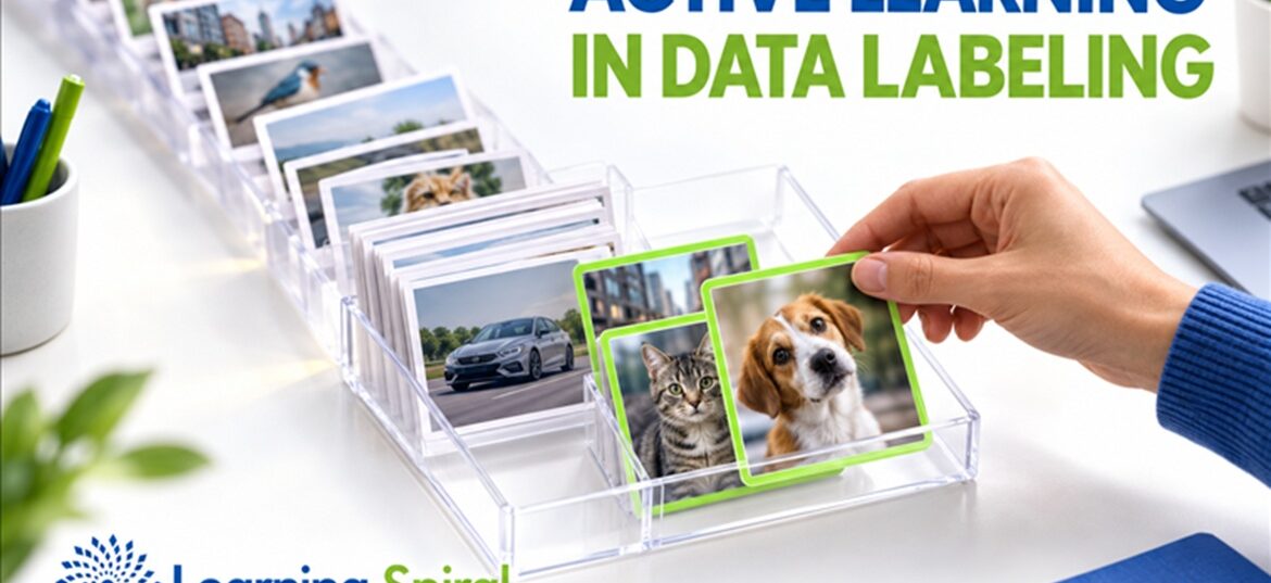 Active learning in data labeling prioritizing high-value samples for human review and AI model training.