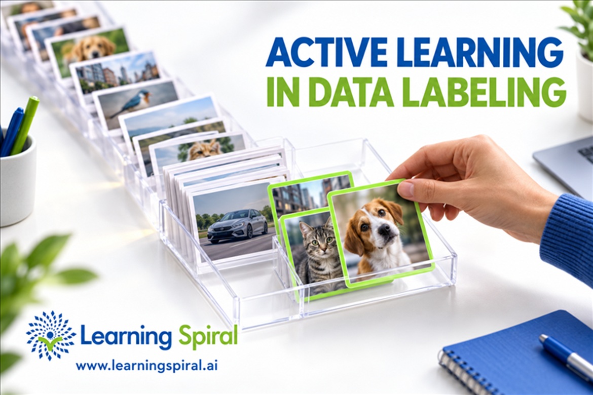 Active learning in data labeling prioritizing high-value samples for human review and AI model training.